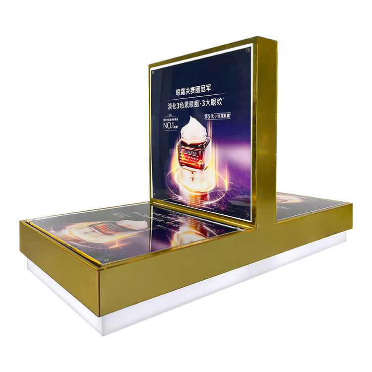 Customized Luxurious Gold Base and Backboard Modern Style Acrylic Cosmetic Display Stand with LED Lights