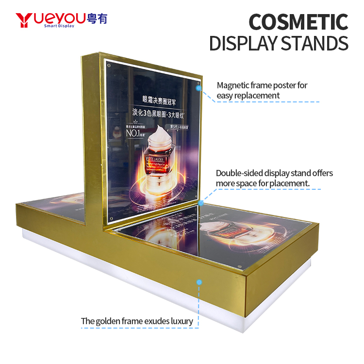 Customized Luxurious Gold Base and Backboard Modern Style Acrylic Cosmetic Display Stand with LED Lights - Image 2