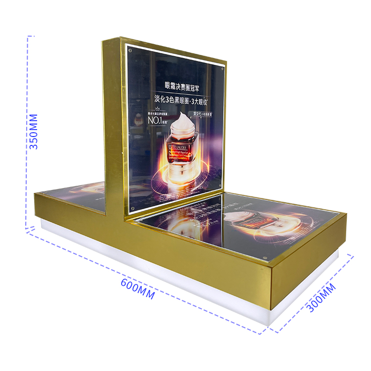 Customized Luxurious Gold Base and Backboard Modern Style Acrylic Cosmetic Display Stand with LED Lights - Image 5