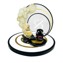 Custom Fashion Perfume Display Stand with LED Base Countertop Decorated Cosmetic Display Fixtures Luxury Display for 2 Bottles