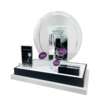 Custom Black Luxury Skincare Display Stand with Illuminated Circular Backdrop Makeup Tool Accessories Display Stand for Store