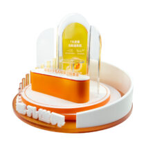 Custom Unique Design Skincare Display Stand with Transparent Tray Multi Tier Cosmetic Display Rack with Curved Backdrop